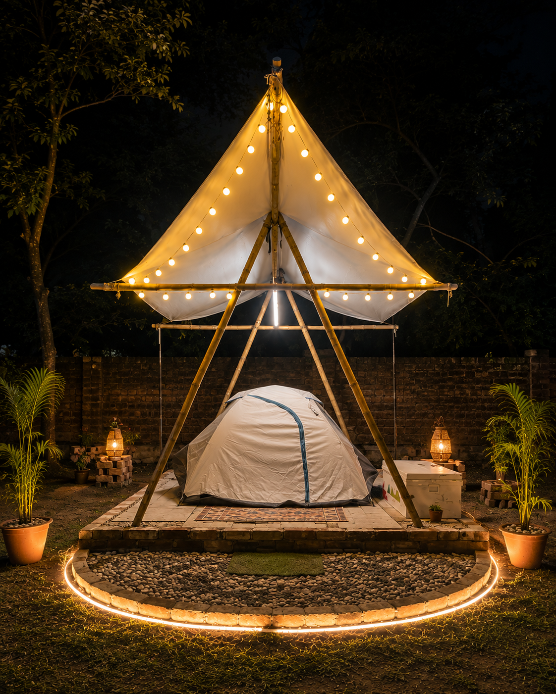 Canopy Haven tent illuminated with warm lights