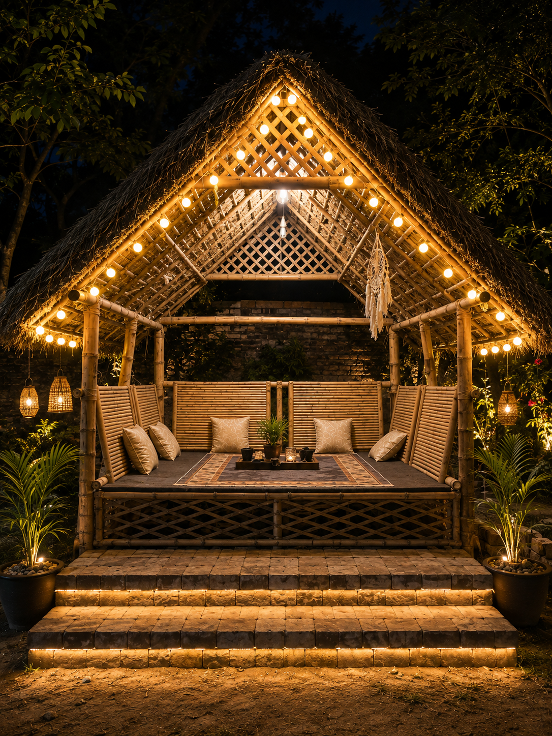 Canopy Haven bamboo hut illuminated at night